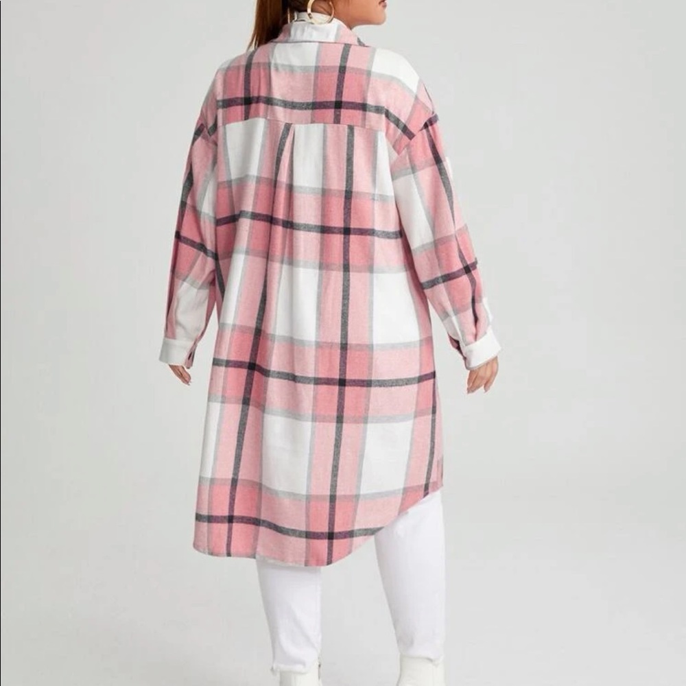 Plus Size Plaid Pocket Light Jacket Shacket Long Shirt Green BELT NOT INCLUDED - Picture 6 of 16